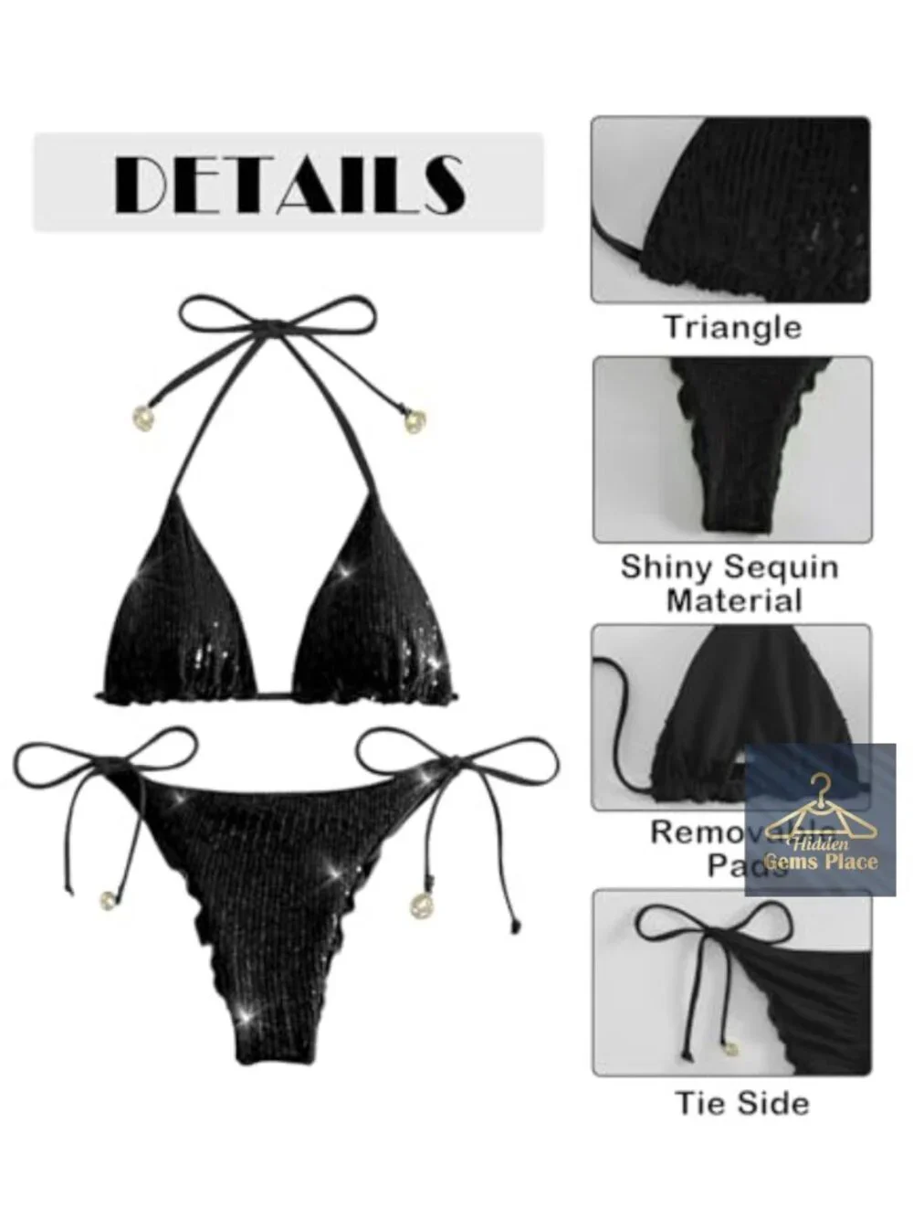 Sequin Triangle Bikini Set Halter 2 Piece High Cut Swimsuit Padded